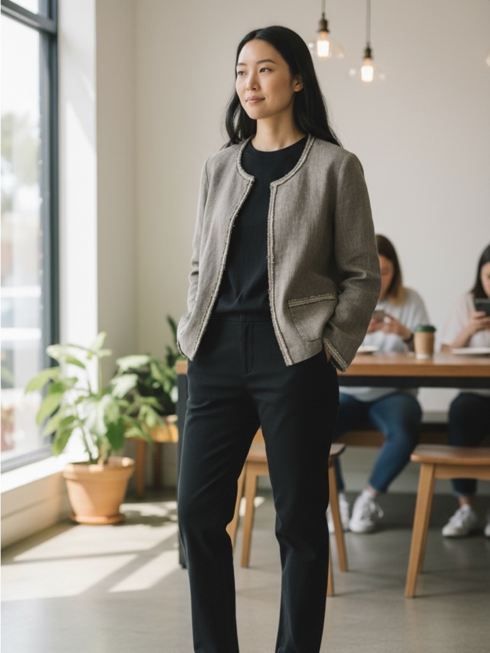 Cassis Gray Frayed-Trim Open-Front Blazer